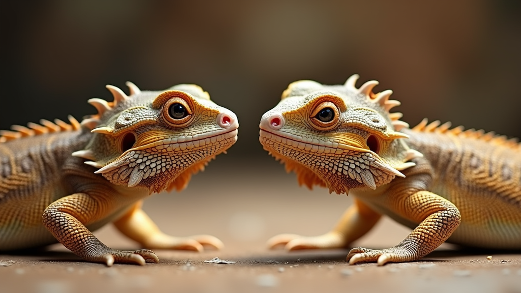 Two bearded dragons face each other on a smooth surface, their scales showing intricate patterns of orange, yellow, and brown. Their spiky beards and bright eyes stand out, creating a symmetrical and captivating scene against a blurred background.