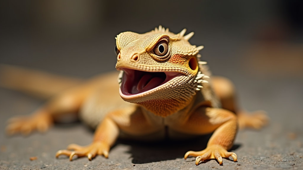 A close-up image of a bearded dragon with its mouth open, displaying an expressive face. The lizard has a textured, spiky skin and a vibrant orange and yellow coloration, with a blurred background highlighting its features.