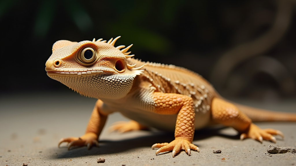 A close-up of a bearded dragon on a sandy surface. The reptile has a light brown and orange complexion with spiky scales along its head and body. Its big eyes are inquisitively looking forward, capturing the detailed texture of its skin and surroundings.