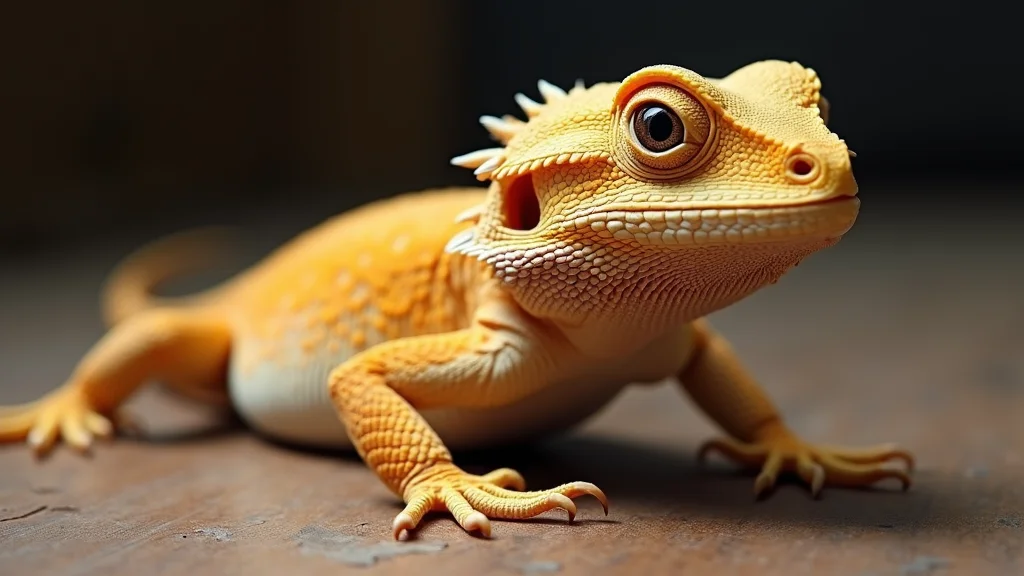 A detailed close-up of a bearded dragon, an orange and yellow lizard, perched on a wooden surface. The lizard's textured skin and spiky beard are clearly visible, with large, alert eyes looking slightly upwards, capturing the intricate details of its scales.