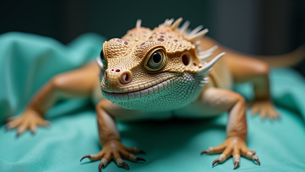 A close-up image of a bearded dragon lizard sitting on a green fabric. The lizard's face is in sharp focus, showcasing its textured skin, spiky beard, and attentive eyes, with its body slightly blurred in the background.