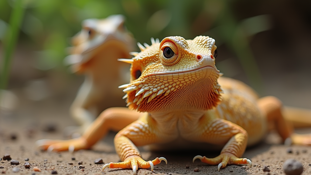 Two orange bearded dragons are pictured in a natural outdoor setting. The dragon in the foreground has a vivid coloration and detailed scales, while the one in the background is slightly blurred, indicating depth. They both appear alert and curious.