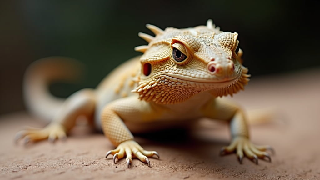 Close-up of a bearded dragon lizard on a smooth surface, showing its detailed scales, spiky ridges along its head, and alert eyes. The background is softly blurred, making the lizard the clear focal point of the image.