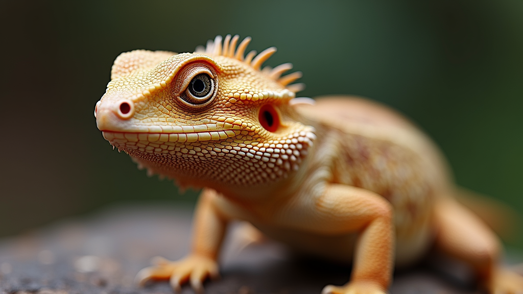 A close-up of an orange and yellow lizard with textured skin and prominent eyes, resting on a surface. The background is blurred, highlighting the detailed features and scales of the lizard.