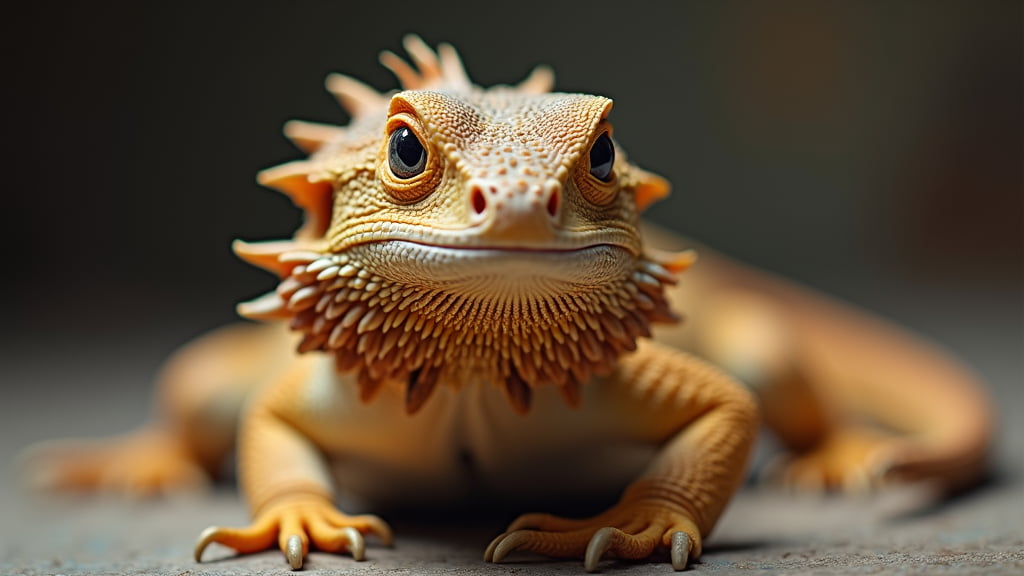 Close-up photograph of a bearded dragon lizard. The lizard is facing forward, showcasing its textured skin and distinct spiky beard. Its eyes are wide open, and the background is softly blurred, drawing focus to the lizard's detailed features.