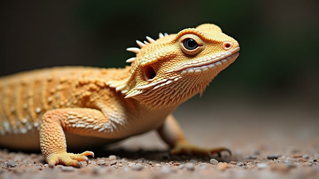 A close-up shot of a bearded dragon lizard. The lizard has a textured, orange-brown body with spiky features around its head and neck. It is looking slightly to the left while standing on a surface scattered with small pebbles. The background is blurred.