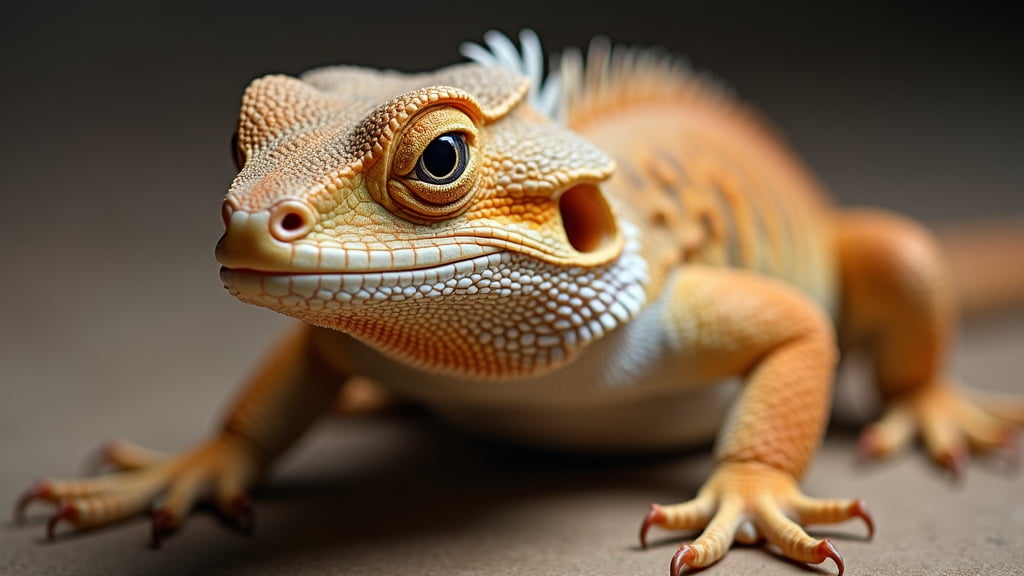 A close-up image of a bearded dragon. The lizard's textured scales range in hues of orange and yellow, sharply focusing on its head and alert eyes. Its front legs and part of its body are visible, set against a neutral, blurred background.