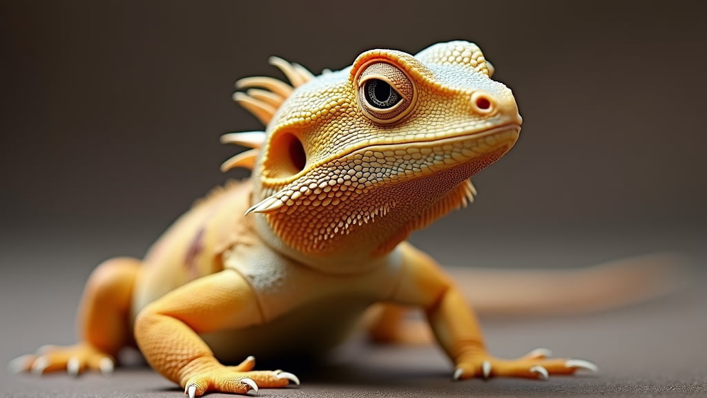 Close-up of a bearded dragon with golden-yellow skin and brown patterns, showcasing its textured scales and curious gaze. The lizard is positioned against a blurred, neutral background, highlighting its details and prominent spikes along its head and neck.