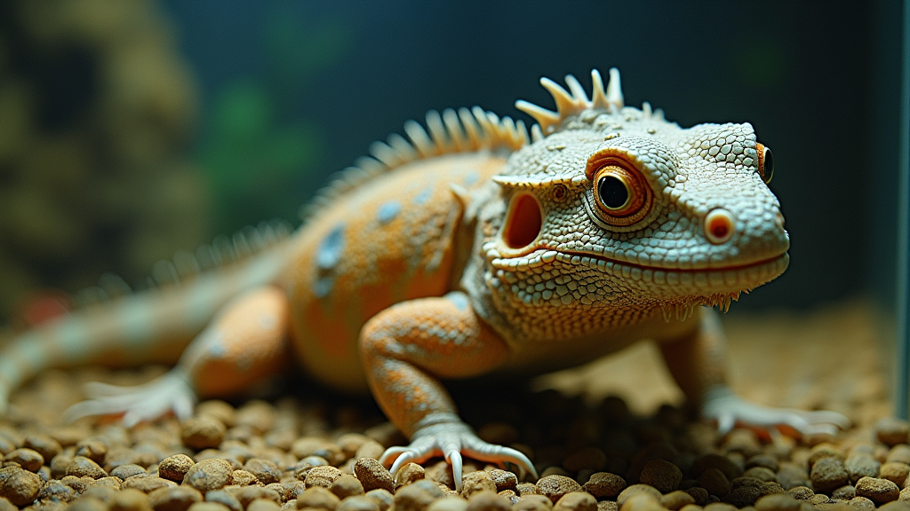 A close-up image of a bearded dragon lizard resting on a bed of pebbles. The lizard has a spiky crest on its head, textured skin with orange and beige hues, and is looking directly at the camera with alert eyes. The background is slightly blurred with a dark blue tone.