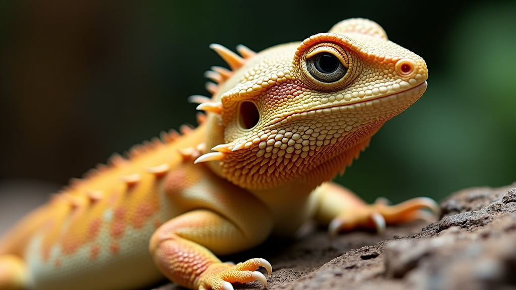 A close-up of a yellow-orange gecko with textured skin, large round eyes, and several small spikes along its back and head, perched on a rock with a blurred green background.