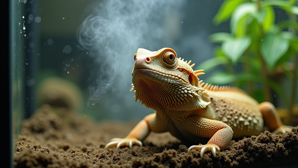 A close-up of a bearded dragon lizard inside a terrarium, looking up with curious eyes. The lizard rests on brown soil with green plants in the background. A visible mist or vapor is in the air, creating a humid environment.