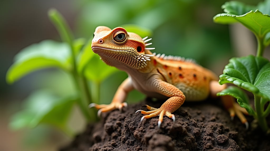 A vibrant orange and green lizard with intricate patterns around its eyes and spikes on its head perches on a soil mound surrounded by green foliage, gazing intently forward. The backdrop is a lush, out-of-focus natural environment.