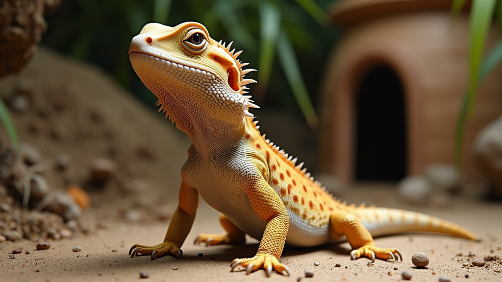 A close-up of a bearded dragon with orange and yellow scales standing on sandy ground. The reptile has a spiky beard and is looking slightly upwards. The blurred background includes green foliage and a small, round, clay shelter.