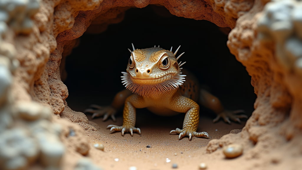 A bearded dragon with a spiky, textured body and scales sits at the entrance of a sandy burrow, facing the camera. The reptile's habitat appears natural, with earthy tones and small pebbles scattered on the ground.