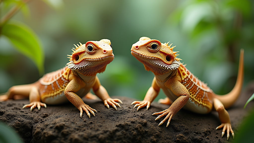 Two bearded dragons with vibrant orange and yellow scales sit on a large rock, facing each other. The background is blurred, with hints of green foliage, creating a serene and natural outdoor setting.