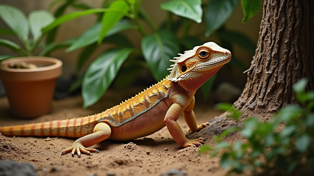 A colorful bearded dragon lizard with bright orange and yellow scales rests on the sandy ground, surrounded by green plants and a tree trunk. A small potted plant is placed in the background. The setting suggests a natural habitat or a well-designed terrarium.