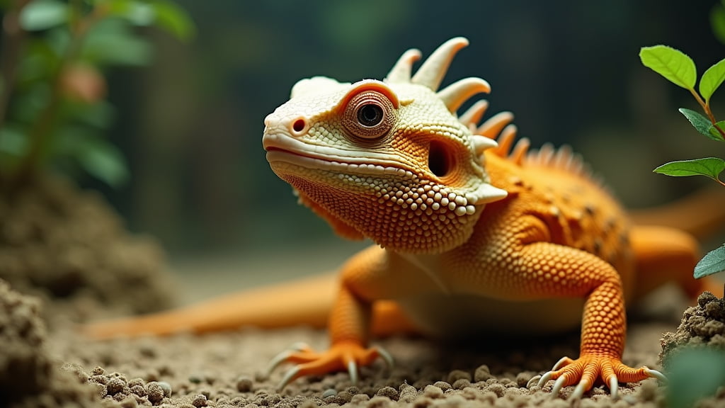 A vibrant, orange-bearded dragon lizard sits on a sandy surface with small green plants on either side. The lizard's spiky scales and intense gaze are prominent, creating a striking contrast against the blurred dark background.