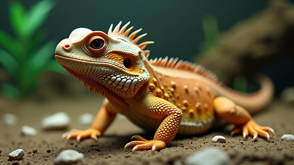 A close-up of an orange and yellow bearded dragon on a rocky surface with small white pebbles. The lizard's spiky beard and scales are clearly visible, and there is a blurred green plant in the background.