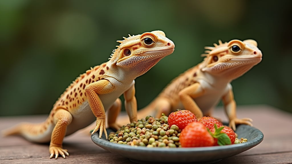 Two bearded dragons sit next to a bowl filled with pellets and strawberries. They are both alert, their bodies displaying distinct patterns of orange and yellow spots. The background is blurred, creating a natural, green ambiance.