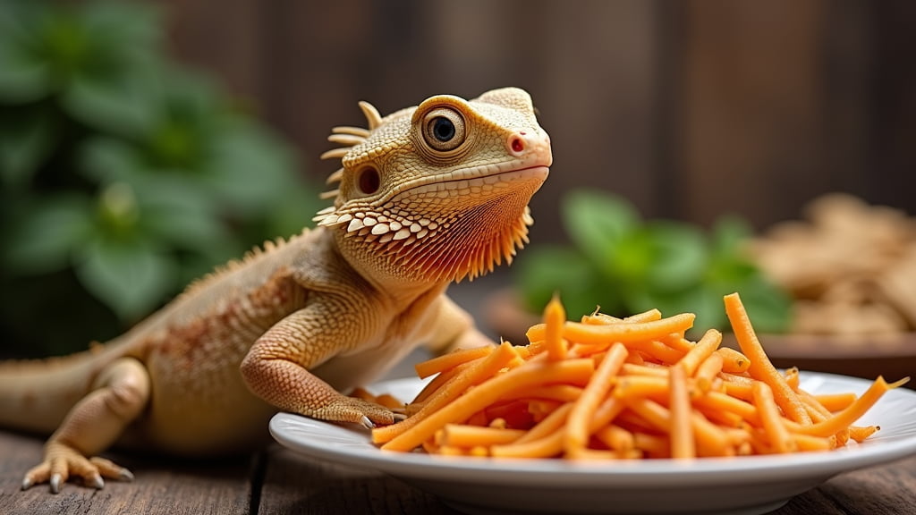 A bearded dragon sits beside a white plate filled with thinly sliced carrots. The background is blurred, showing some greenery and a wooden surface. The lizard appears curious, looking closely at the carrots.