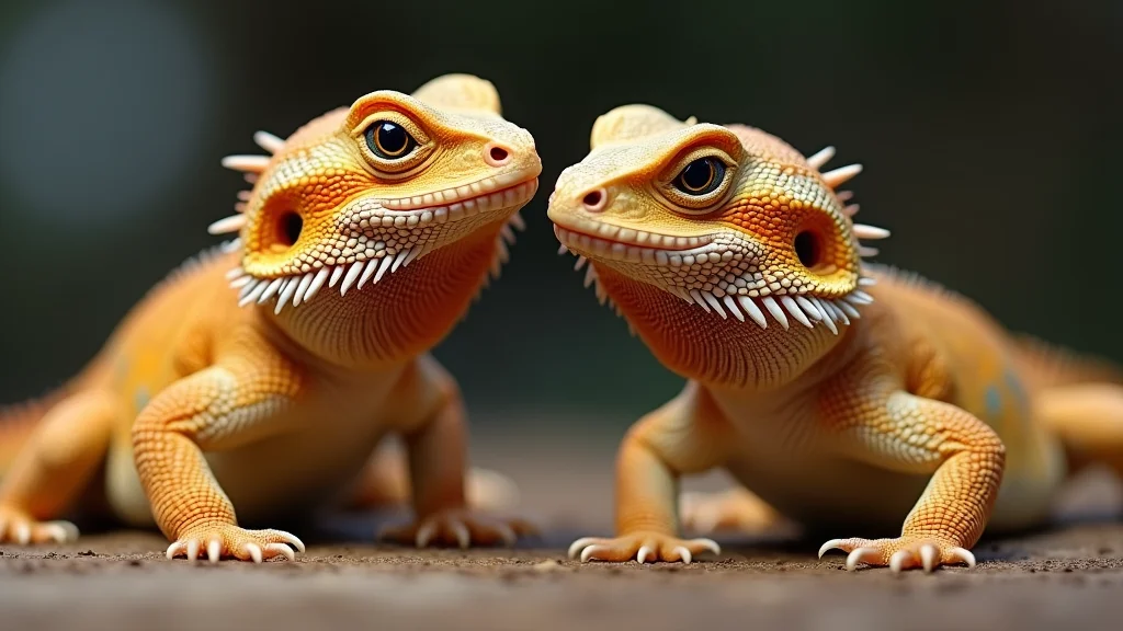 Two vibrant bearded dragons with orange and yellow scales stand close together, facing the camera. Their spiky collars and alert eyes add to their striking appearance. The background is softly blurred, highlighting the detailed textures of the dragons' scales.