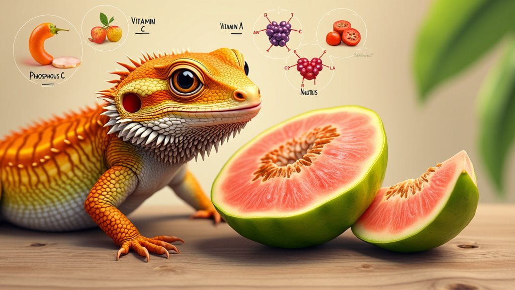 A vibrant orange lizard with expressive eyes sits next to a halved pink guava on a wooden surface. Around the lizard, infographics highlight Phosphorus C, Vitamin C, Vitamin A, and Nutrients derived from the fruit. Green leaves are blurred in the background.