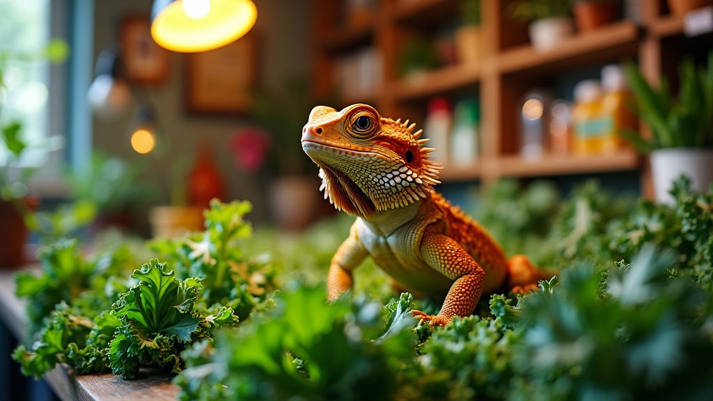 A bearded dragon sits on a bed of leafy greens, illuminated by a warm light. The background is a cozy room with potted plants, shelves, and a window letting in natural light. The lizard's distinct orange and yellow hues contrast with the green surroundings.