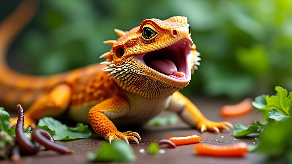 A vibrant orange lizard with an open mouth, displaying sharp teeth, is surrounded by various worms and green leaves. The background is lush and green, giving a natural outdoor setting. The lizard appears alert and ready to eat.